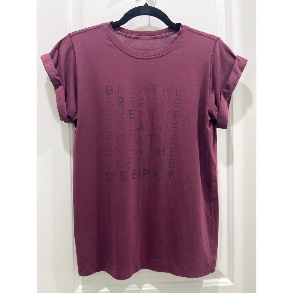 Lululemon “Breathe Deeply” Garnet Burgundy Roll Around Tee Shirt Sz 6